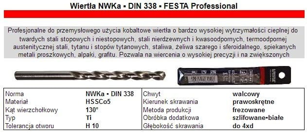 Wiertło do Metalu Kobaltowe 4,2 HSSCo FESTA Professional