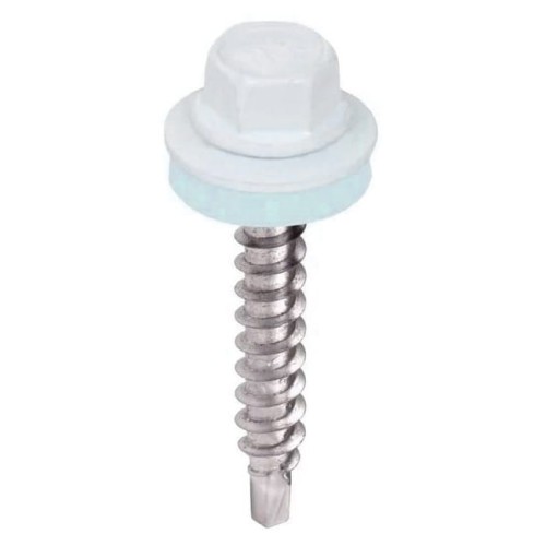 Wkręt farmerski samowiercący   4,8X35 do metalu z łbem sześciokątnym SW-8 z podkładką EPDM -  Biały  - RAL 9010- 250 szt