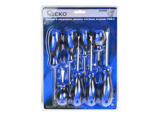 Zestaw 8 szt Wkrętaków płaskie 4-6,5 mm + krzyżak 0-2 (12/24) GEKO  Śrubokręty
